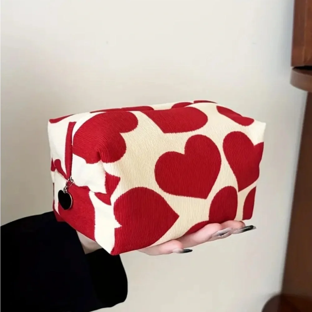 Red Heart Corduroy Makeup Bag - Picture 1 of 4